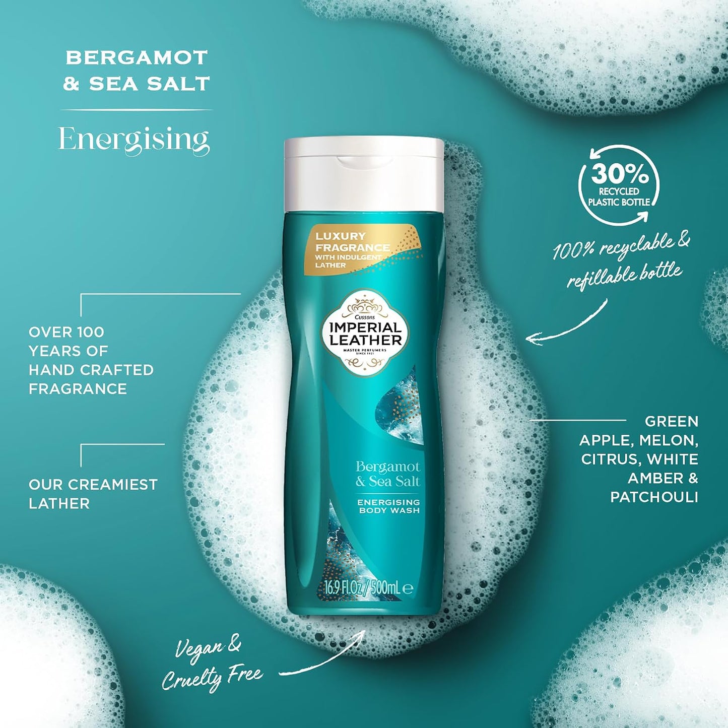 Imperial Leather Bergamot &amp; Sea Salt Energising Body Wash Shower Gel, Signature Oil Blend, Creamy Lather, Gentle Skin Care, Bulk Buy, Pack of 6x500ml