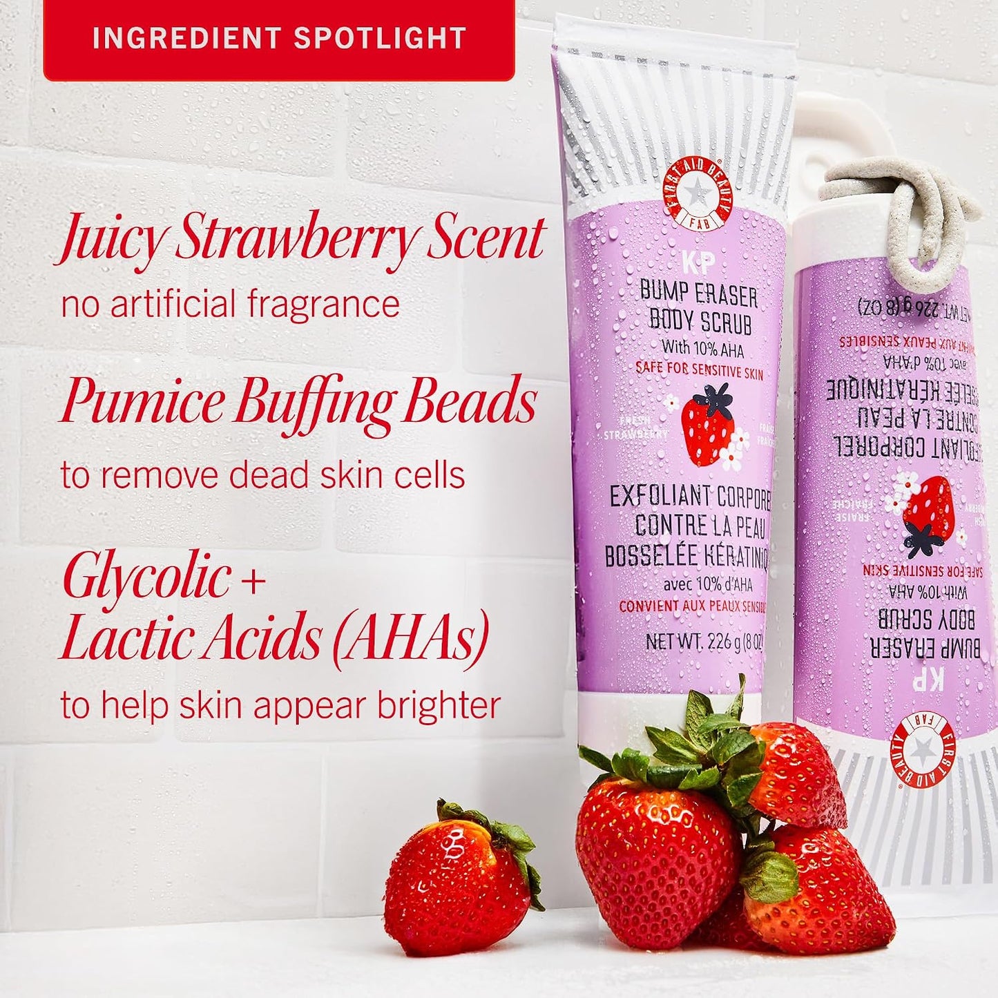 First Aid Beauty - KP Bump Eraser Body Scrub with 10% AHA, Keratosis Pilaris Exfoliater with Glycolic and Lactic acids, Helps Reduce Chicken Skin Bumps, Safe for Sensitive Skin, Strawberry Scent, 226g