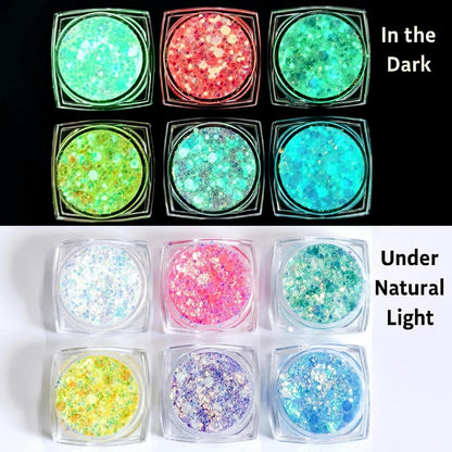 6 Colors Glow in the Dark Festival Face Glitter Gel, Hair &amp; Body, Self-Adhesive Chunky Glitter Paint for Parties, Raves, Neon &amp; Luminous Effects for Dazzling Festival Looks (6 Colours Neon Glow)