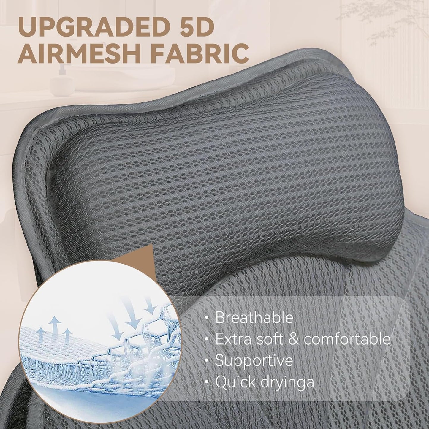 Poemland Bath Pillow for Tub - Luxury Bath Pillow for Neck, Head &amp; Back Support, Soft 5D Mesh Quick Dry Fabric, 54 Non-Slip Suction Cups, Bathing Accessories &amp; Spa Gifts for Women, Grey