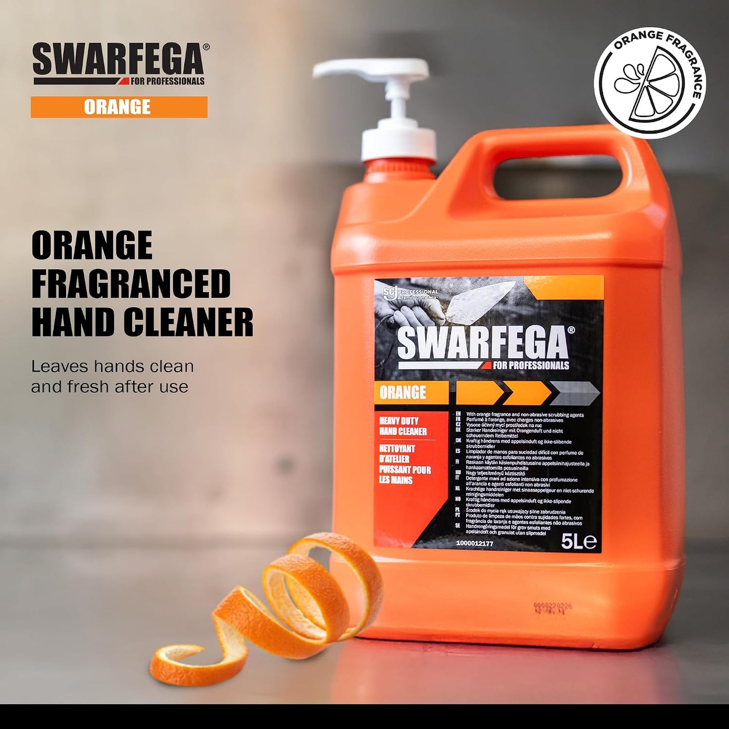 Swarfega Orange Heavy Duty Hand Cleaner 5L, for Trades People with Non‑Abrasive Scrubbing Agents, Against Oil, Grease &amp; Industrial Dirt, Hygienic Pump System, for Professional Use Only