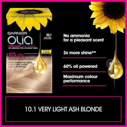 Garnier Olia 10.1 Very Light Ash Blonde, no-ammonia permanent dye. Oil-powered for ultra-luminous, long-lasting results and shine, achieving a beautiful very light ash blonde.