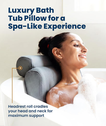 Everlasting Comfort Bath Pillow – Bath Cushion for Head and Neck Support – Quick Dry Waterproof Mesh – Luxury Bath Accessories with Suction Cups – Bath Pillows for Head and Neck – Grey