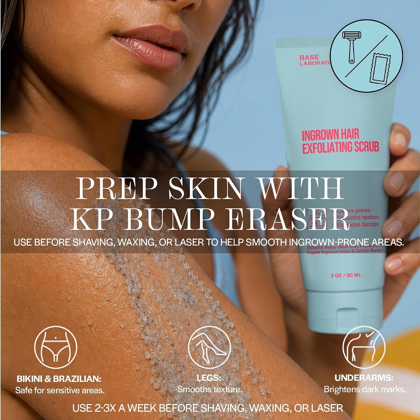 Base Laboratories Ingrown Hair - KP Bump Exfoliating Body Scrub - with AHA+BHA - Keratosis Pilaris Treatment - Daily Skin Exfoliant - Helps Reduce Strawberry Skin &amp; Razor Bumps - Men &amp; Women 90ml