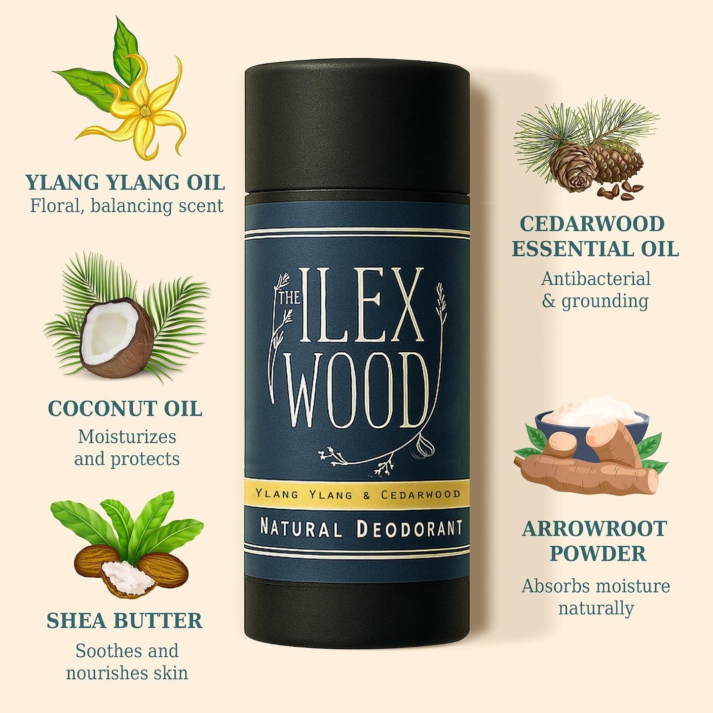 The Ilex Wood Natural Deodorant Stick - Ylang Ylang &amp; Cedarwood - 70ml | Sweet &amp; Woody. Handmade in UK. Aluminium Salts Free, Plastic Free, Alcohol Free, Vegan, Eco-Friendly Cardboard Tube.