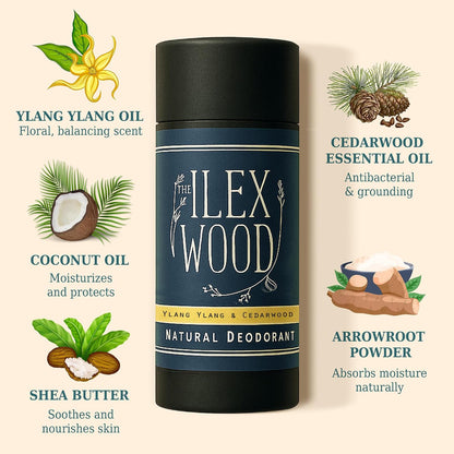 The Ilex Wood Natural Deodorant Stick - Ylang Ylang &amp; Cedarwood - 70ml | Sweet &amp; Woody. Handmade in UK. Aluminium Salts Free, Plastic Free, Alcohol Free, Vegan, Eco-Friendly Cardboard Tube.