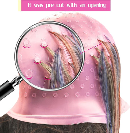 9 Pcs Highlight Cap Kit, Silicone Highlighting Cap Hair Dye Cap with Holes Reusable Highlighting Cap with Hook for Home Salon Professional Hairdressing Dyeing Staining Tools Set for Women Men
