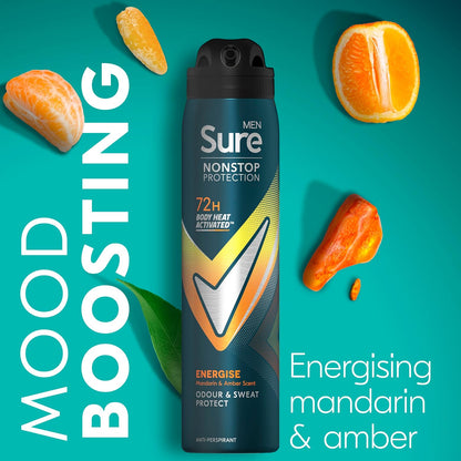 Sure Men Nonstop Protection Energise Deodorant Body Spray Antiperspirant with body heat activated technology for 72 hour protection against odour and sweat 250 ml, Pack of 6
