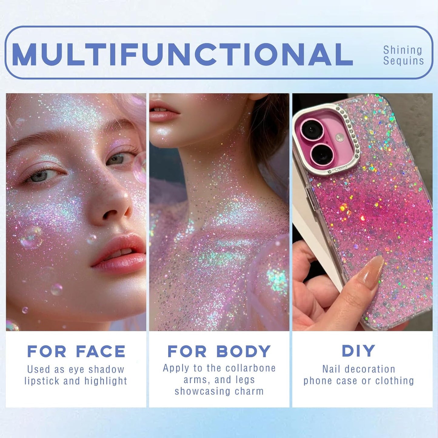 Noerrors Roll-on Holographic Body Glitter Gel for Body Face Hair, Sparkle Chameleon Color Changing Chunky Mermaid Sequins Body Glitter Gel Festival Party Body Shimmer Glitter Makeup # Sparkling Pink