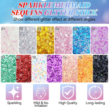 Prreal Body Glitter, Mermaid Sequins Glitter Stick Face Body Sparkling Glitters, Chunky Holographic Hair Glitters, Durable Lips Nails Festival Carnival Rave Singer Concert Halloween Makeup,#16 Black