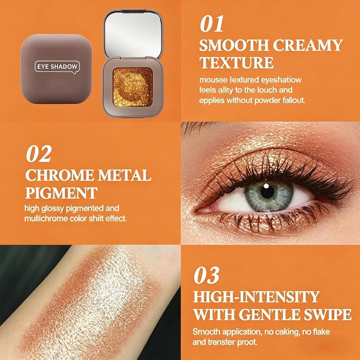 Holographic Eyeshadow – Duochrome Orange Gold Glitter Palette, Iridescent | Duochrome orange red gold glitter eyeshadow. Iridescent color shift. Creamy shimmer for festival, rave &amp; party looks.