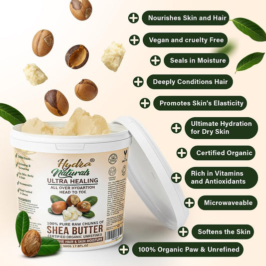 Hydra Naturals Unrefined Shea Butter 500g – 100% Pure, Raw, Organic, Cold Pressed – Natural Moisturiser for Hair, Smooth Skin, Face &amp; Body – DIY Beauty, Dry Scalp, Anti-Aging Care