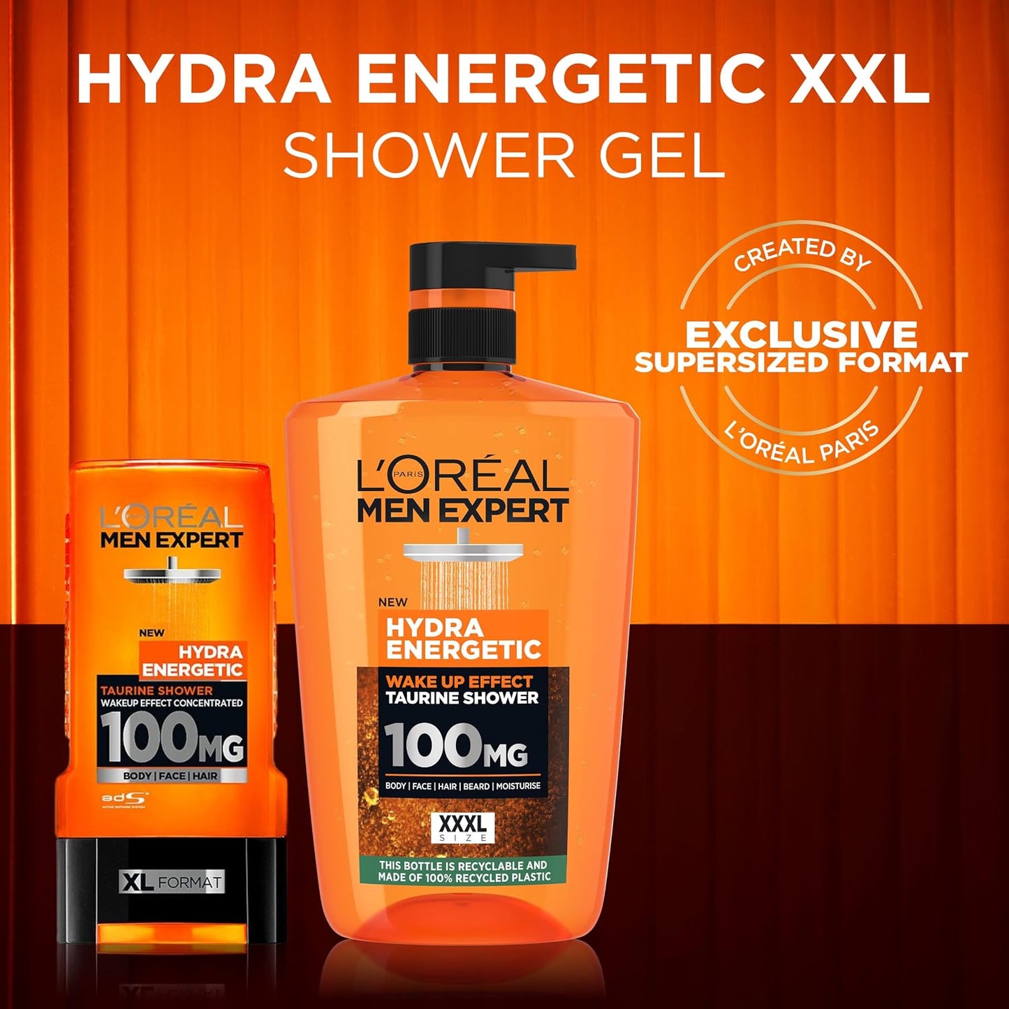 L'Oréal Men's Shower Gel, Men Expert Hydra Energetic 3-in-1 XXXL Body Wash 1L Pump, Instant Wake-Up Effect, Energising Face &amp; Hair Wash with Taurine and Vitamin C