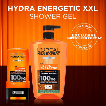 L'Oréal Men's Shower Gel, Men Expert Hydra Energetic 3-in-1 XXXL Body Wash 1L Pump, Instant Wake-Up Effect, Energising Face &amp; Hair Wash with Taurine and Vitamin C