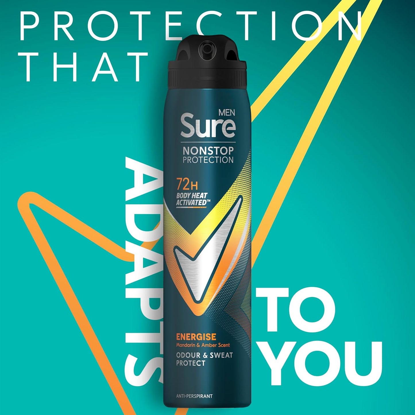Sure Men Nonstop Protection Energise Deodorant Body Spray Antiperspirant with body heat activated technology for 72 hour protection against odour and sweat 250 ml, Pack of 6
