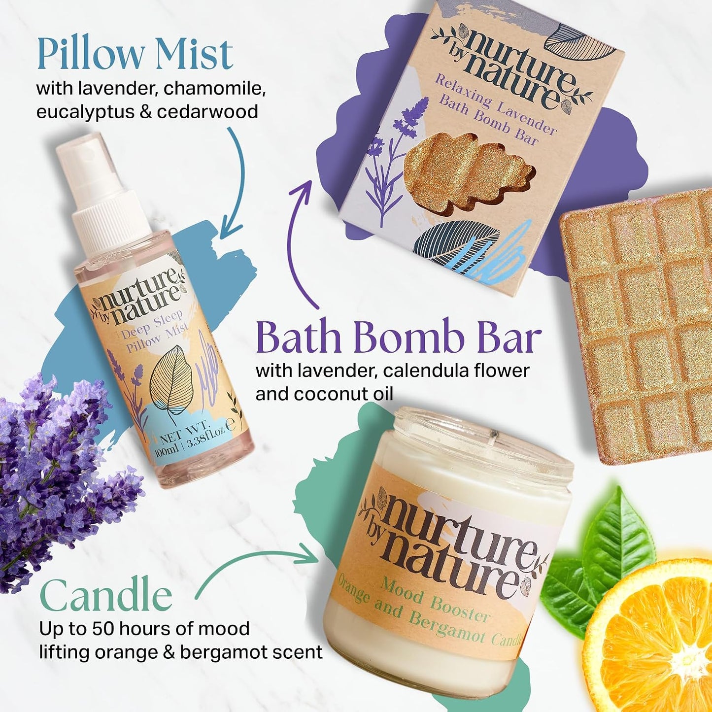 NURTURE BY NATURE Pamper Gifts for Women - 6 Pcs Relaxing Spa Gift Set with Lavender Pillow Spray, Bath Salts &amp; Bath Bomb - Valentines Gifts for Her, Mothers Day Mum Gifts, Birthday Gifts for Women