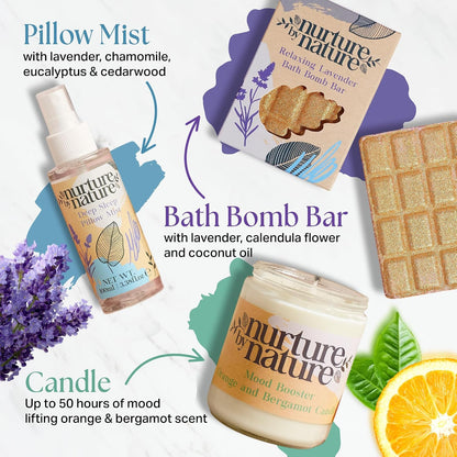 NURTURE BY NATURE Pamper Gifts for Women - 6 Pcs Relaxing Spa Gift Set with Lavender Pillow Spray, Bath Salts &amp; Bath Bomb - Valentines Gifts for Her, Mothers Day Mum Gifts, Birthday Gifts for Women