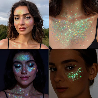 6 Colors Glow in the Dark Festival Face Glitter Gel, Hair &amp; Body, Self-Adhesive Chunky Glitter Paint for Parties, Raves, Neon &amp; Luminous Effects for Dazzling Festival Looks (6 Colours Neon Glow)