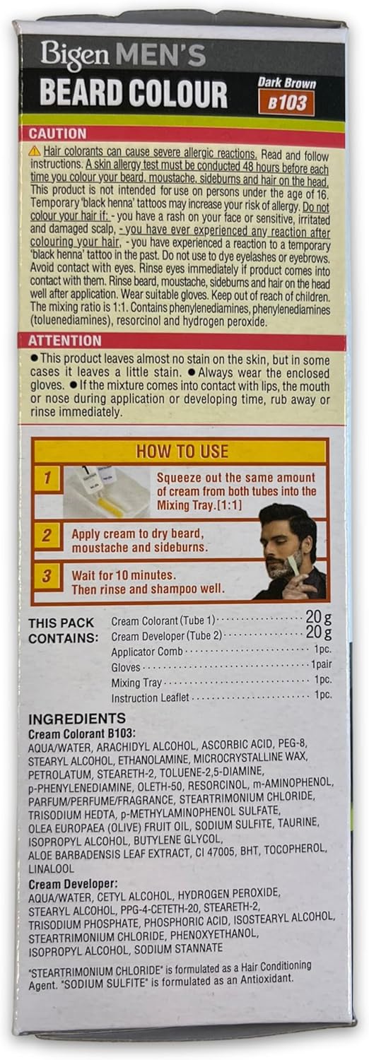 Bigen Men's Beard Colour | No Ammonia Formula with Aloe Extract &amp; Olive Oil - 103 Dark Brown