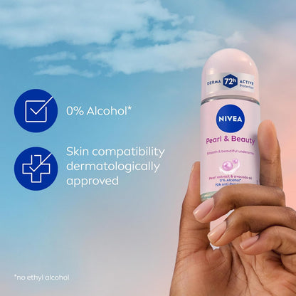 NIVEA Pearl &amp; Beauty Anti-Perspirant Deodorant Roll On (6 x 50ml), Roll On Deodorant for Women with 72H Sweat and Odour Protection, Women's Anti-Perspirant with Pearl Extracts (Pack of 6)