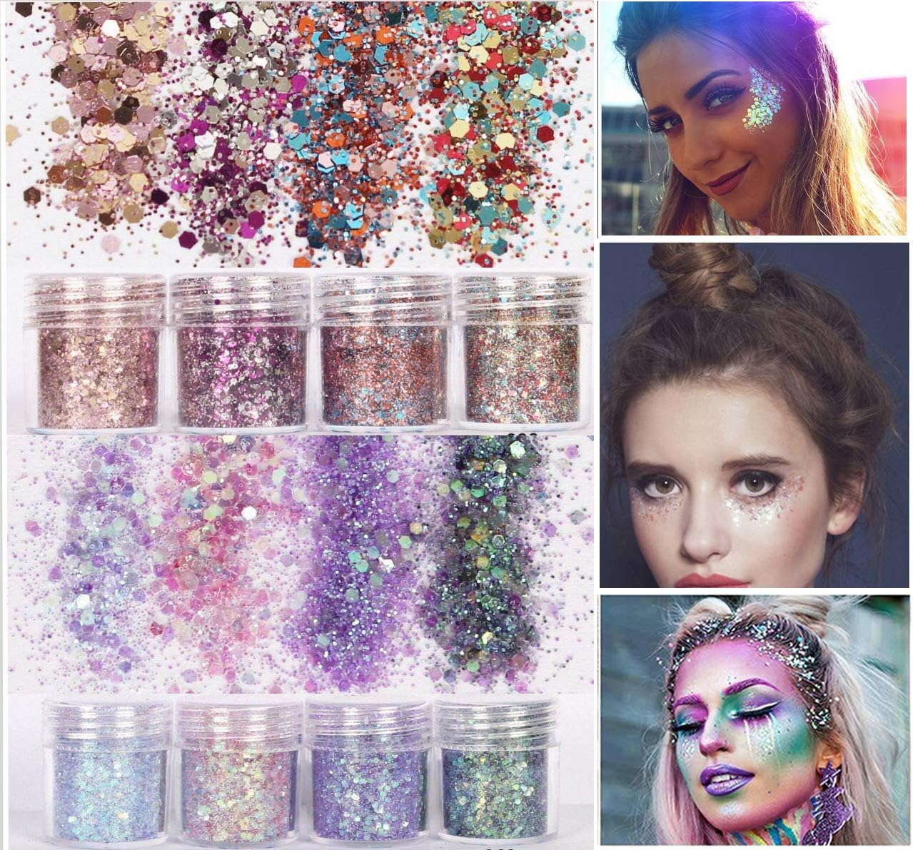 8 Color face Glitter Cosmetic Glitter, for Body, Cheeks and Hair, Festival and Party Beauty Makeup - Includes Long Lasting Fix Gel and Brush