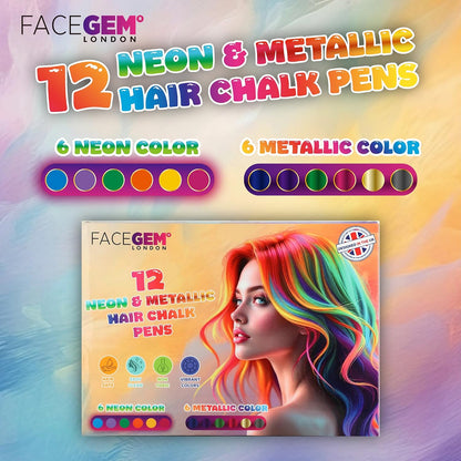 12 Hair chalks, 12 NEON &amp; METALLIC hair chalk, Non-Toxic Easy Washable Hair Dye Colourful, METALLIC &amp; NEON hair chalk - Perfect for Festivals, Halloween, Parties, hair chalks for girls