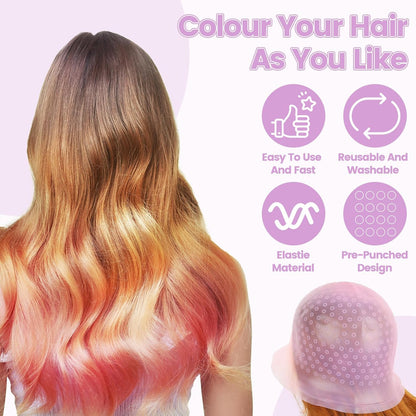12 PcsHair Highlighting Cap and Hook Kit, Punched Hole Silicone Punch-free Hair Dye Caps, Hair Highlight Cap and Hook Kit, Professional Highlighter Caps, Inclu Hairs Clips/Palette/Ear masks, etc