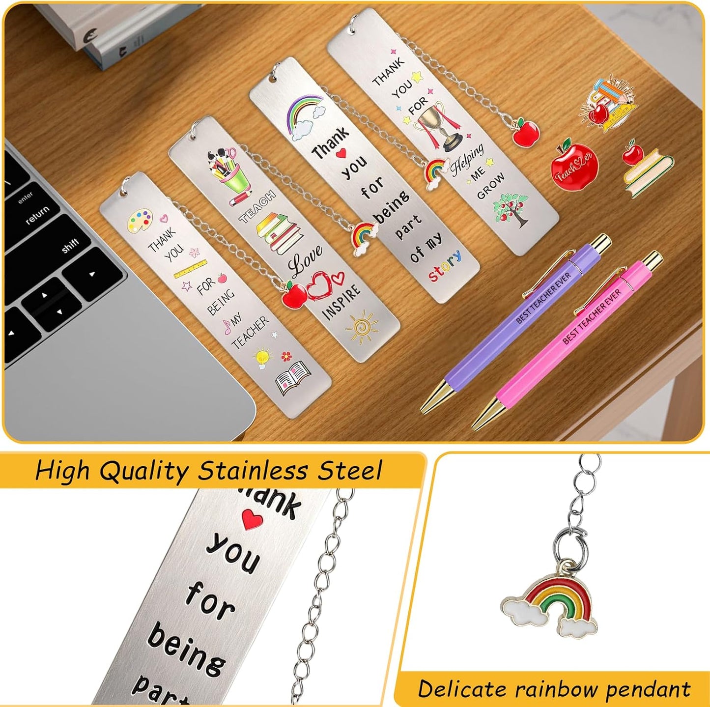4 Set Thank You Teacher Gifts for Women Teacher Gifts with Makeup Bags Bookmarks Keychain Pens Brooch Thank You Cards, End of Year Gifts for Teacher,Teaching Assistant,Nursery Teacher.