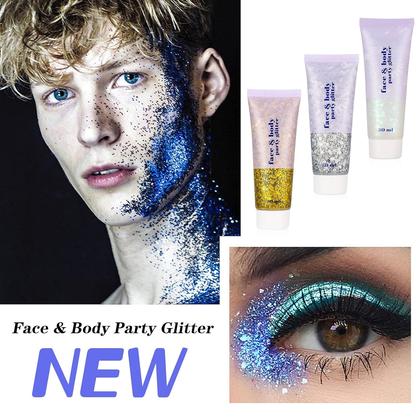 Dacitiery 3Pcs Body Glitter Gel, 50 ml Mermaid Sequins Sparkling Liquid Eyeshadow Sequins Glitter for Face Body Eye Hair Nail DIY Art Festival Party Makeup Decoration