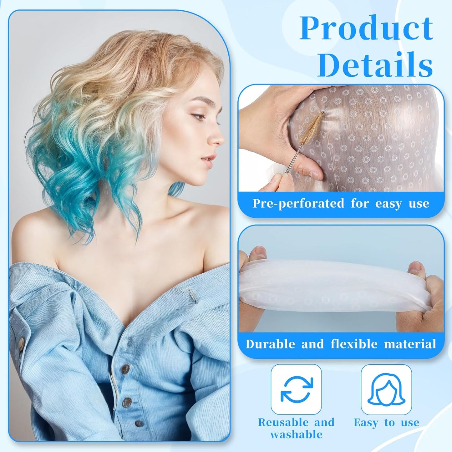 Jeffdad Professional Silicone Highlight Cap, Reusable Hair Coloring Highlighting Cap with 3 Brushes and 1 Needle for Color Hair Salon Hairdressing Women Men(White)