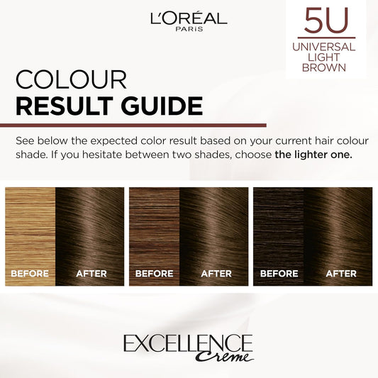 L'Oréal Paris Excellence Universal Nudes Hair Colour, Ammonia-Free, Micro-Keratine, Triple Care, 100% Grey Coverage, Radiance Boosting, 5U Universal Light Brown