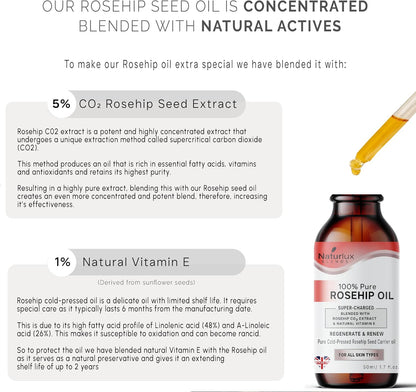 Organic Rosehip Oil For Face | 100% Pure &amp; Natural 50 ML | Cold-Pressed Rosehip Seed Oil With 5% Rosehip C02 Extract &amp; Vitamin E | Concentrated Blend 50 ML