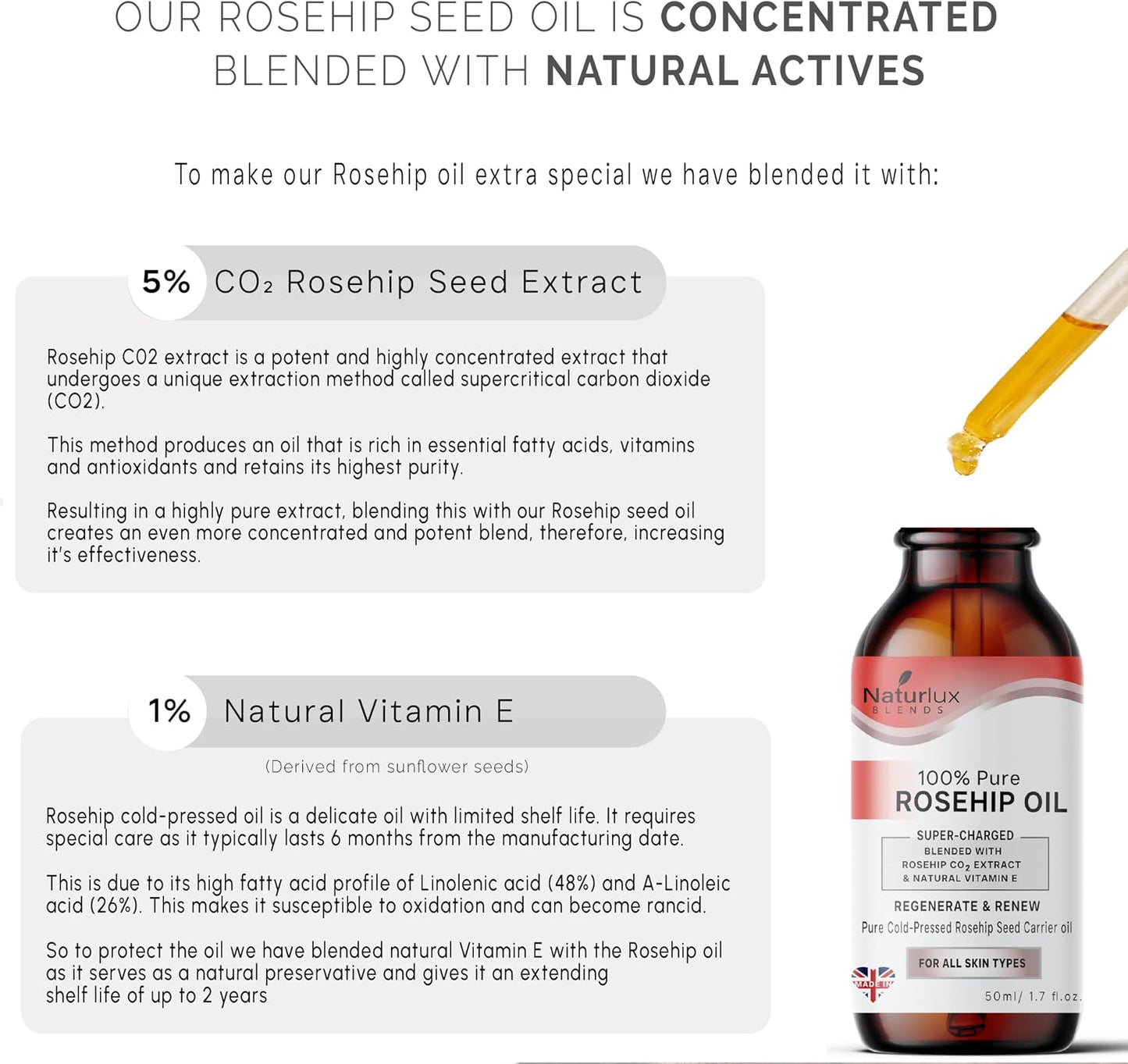 Organic Rosehip Oil For Face | 100% Pure &amp; Natural 50 ML | Cold-Pressed Rosehip Seed Oil With 5% Rosehip C02 Extract &amp; Vitamin E | Concentrated Blend 50 ML
