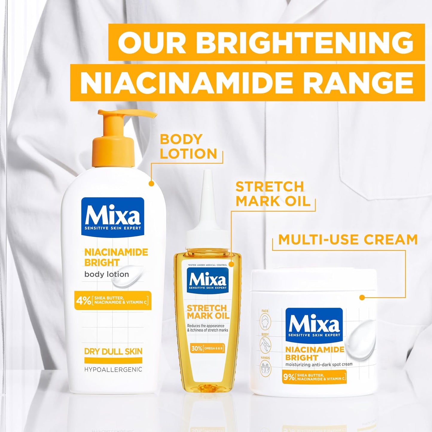 Mixa Cream, Niacinamide Bright Moisturizing Anti-Dark Spot Cream, Body Care Dark Spot Corrector for Uneven Tone, with 9% Niacinamide, Shea Butter &amp; Vitamin C, 400ml