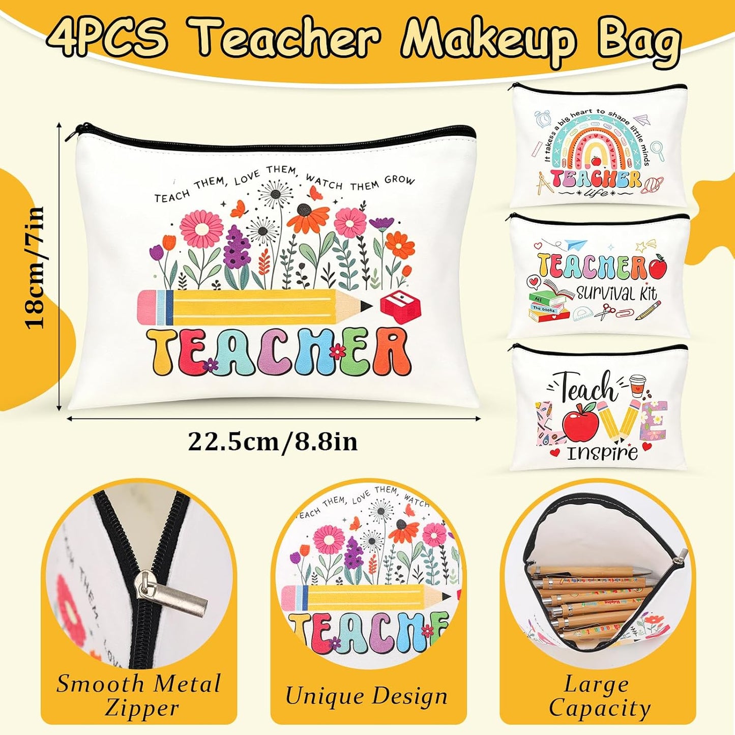 4 Set Thank You Teacher Gifts for Women Teacher Gifts with Makeup Bags Bookmarks Keychain Pens Brooch Thank You Cards, End of Year Gifts for Teacher,Teaching Assistant,Nursery Teacher.