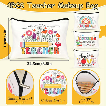 4 Set Thank You Teacher Gifts for Women Teacher Gifts with Makeup Bags Bookmarks Keychain Pens Brooch Thank You Cards, End of Year Gifts for Teacher,Teaching Assistant,Nursery Teacher.