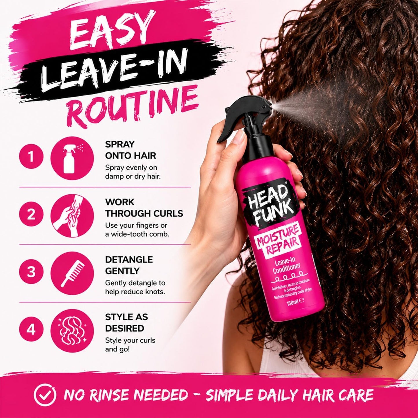 Head Funk Moisture Repair Spray Leave In Conditioner for Curly Hair 150ml (Pack of 2) – Curl Defining Hair Conditioner, Frizz Control, Deep Hydration, Detangles Knots, Leaves Curls Soft &amp; Smooth