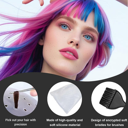 Punched Hole Highlighting Cap with 3 Hair Coloring Brushes and Needle, Silicone Highlight Cap, Professional Highlighting Kit for Color Hair Salon Hairdressing Dyeing Staining Tools for Women Men