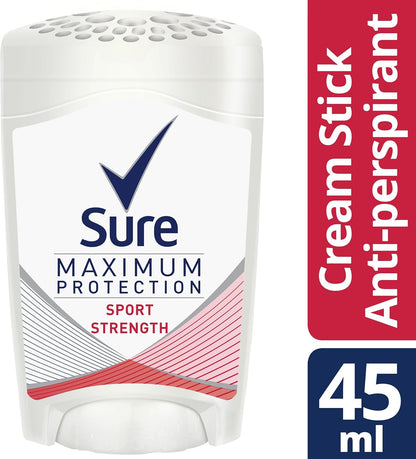 Sure Maximum Protection Sport Strength Anti-Perspirant Cream Stick - 96-hour Deodorant for 3x Stronger Sweat Protection, 45 ml (Pack of 2)