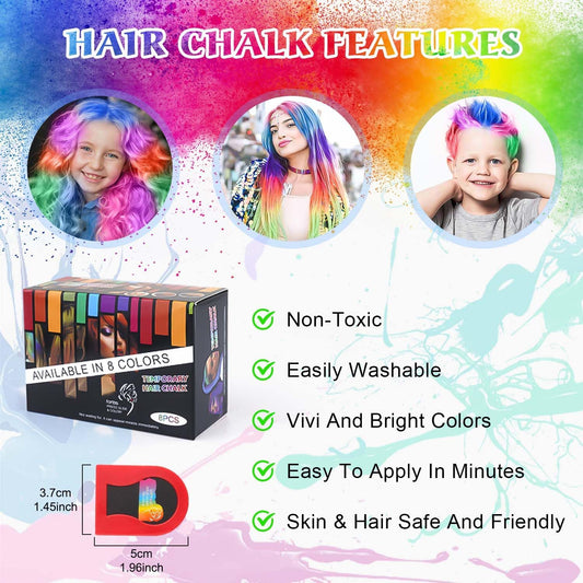 8 Colors Washable Hair Chalk Dye for Kids - Temporary Non-Sticky Bright Hair Chalk Spray for Women &amp; Girls - Perfect for Makeup, Halloween, Christmas, Birthday &amp; Cosplay