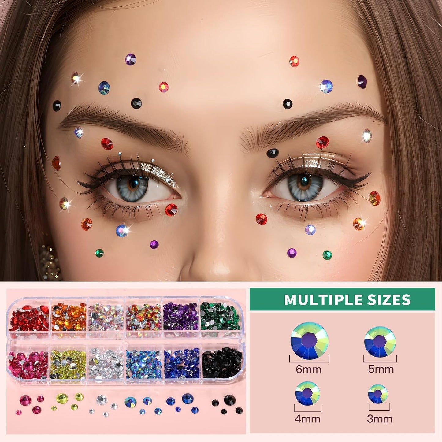 Teenitor Body Glitter with Skin Glue Set, 4 Bottle Face Glitter Makeup &amp; 2 Box Face Gems for Women, Iridescent White Body Glitter Face Glue for Rhinestones for Makeup, Nail Gems with Wax Pencil