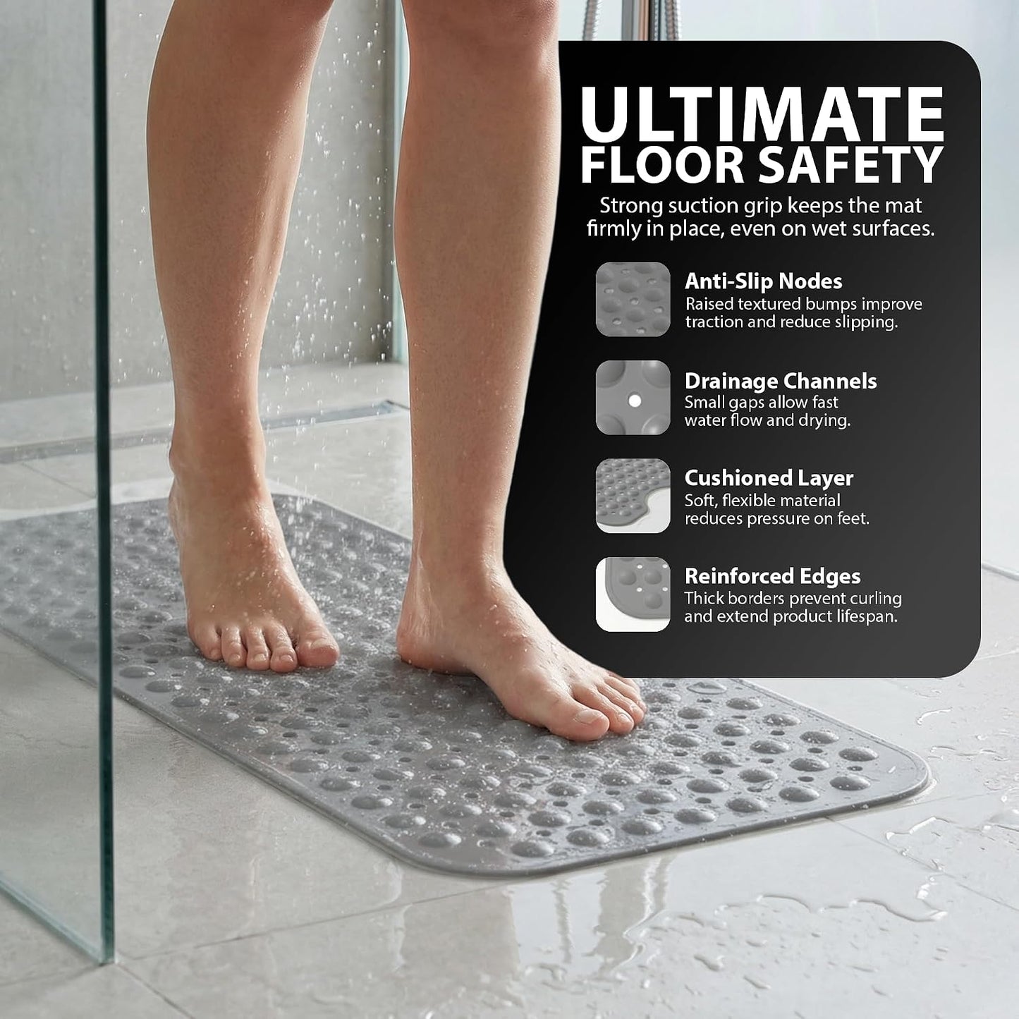 ZENO Bath Mat 100x40cm | Non-Slip Anti-Mould | 200 Suction Cups with Drain Holes | Large Rubber | Machine Washable &amp; Durable | Grey
