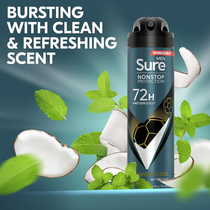 Sure Men Sport Cool Nonstop Protection Anti-perspirant Deodorant Aerosol MotionSense technology anti-perspirant deodorant spray 72h protection against sweat and odour 150 ml (Pack of 3)