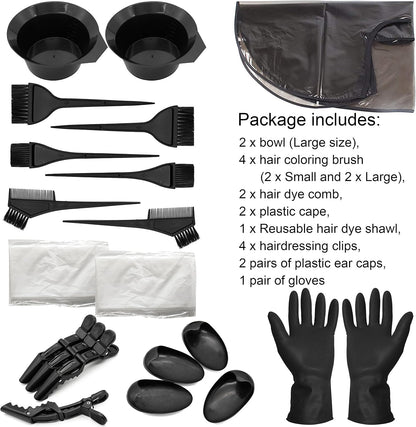 Beayuer 21 Pieces Hair Dye Tools, DIY Salon Hair Coloring Bleaching Tools Set including Hair Tinting Bowl, Dye Brush, Ear Cover, Hair Highlighting Cape, Shawl, Gloves, Hair Clip Kits (21 Pcs, Black)