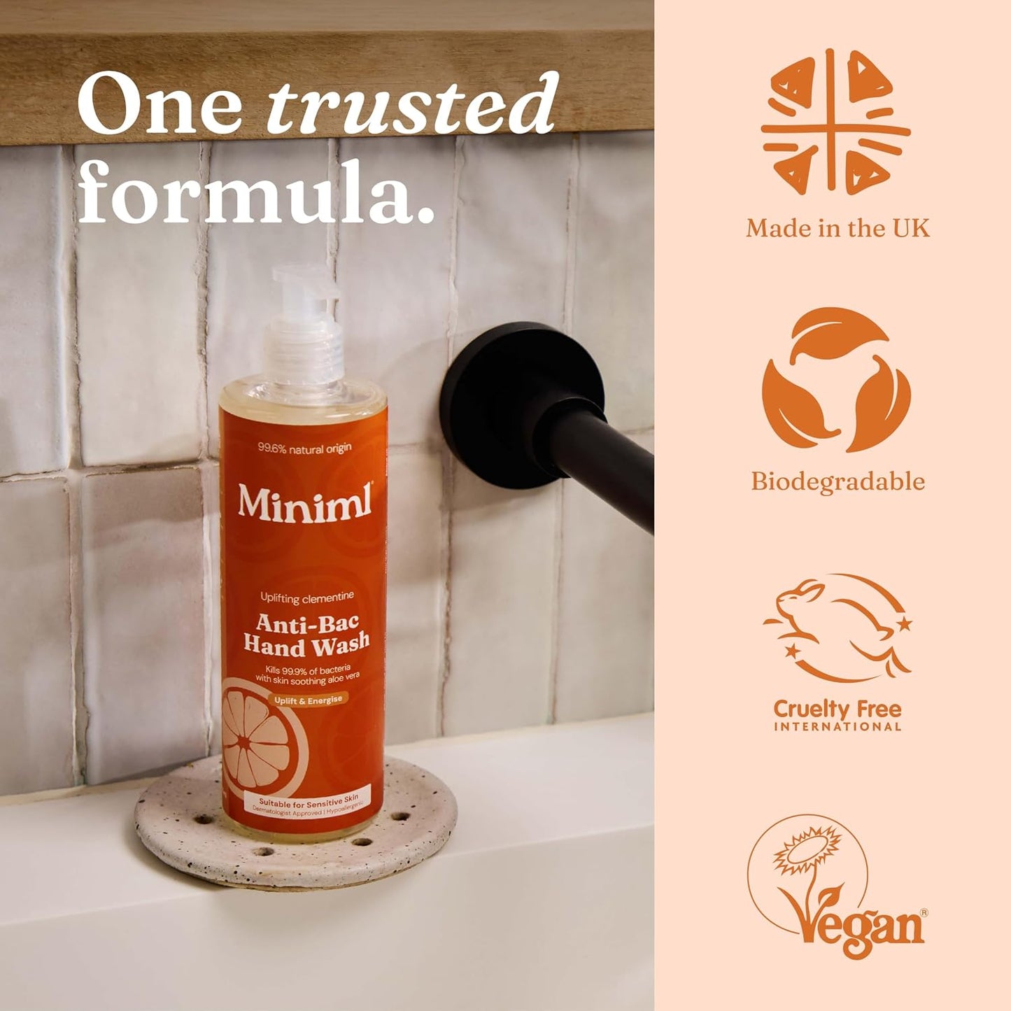 Miniml Anti-Bac Natural Hand Wash - Uplifting Clementine 400 ml, Kills 99.9% of Bacteria, 99.6% Natural, Vegan &amp; Cruelty-Free Liquid Soap for Sensitive Skin