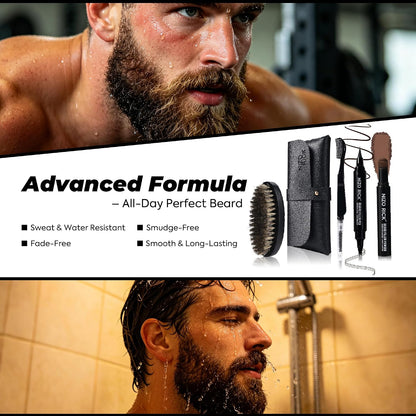 Beard Pencil Kit for Men, 5 in 1 Waterproof Beard Filler Pen Set with Brush, Long-Lasting Dual Tip Filling and Shaping Tools for Hairline, Mustache &amp; Eyebrow (DARK BROWN)