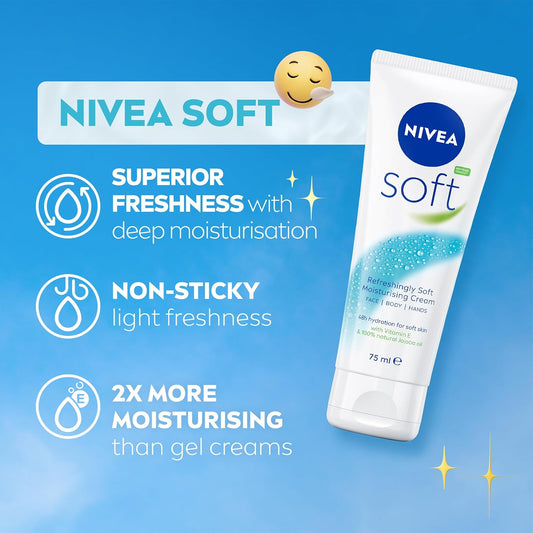 NIVEA Soft Moisturising Cream (75ml), 48H Moisturising Cream for Face, Body and Hands with Vitamin E and Jojoba Oil, Hand Lotion Moisturises Deeply, Vegan Formula Day Moisturiser