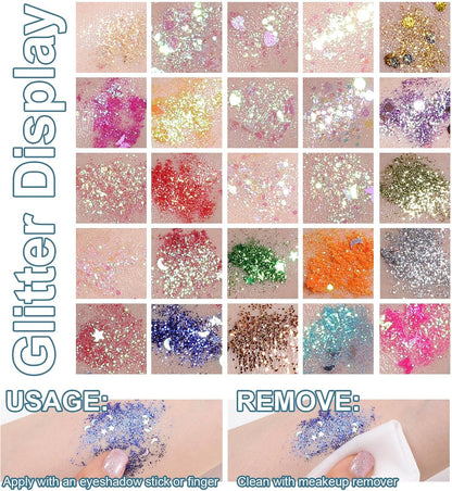 Prreal 25 Colors Body Glitter Gel Palette, Mermaid Holographic Glitter Gel,Face Hair Body Shimmer Chunky Sequins,Girls Women Party Carnival Halloween Festival Accessories