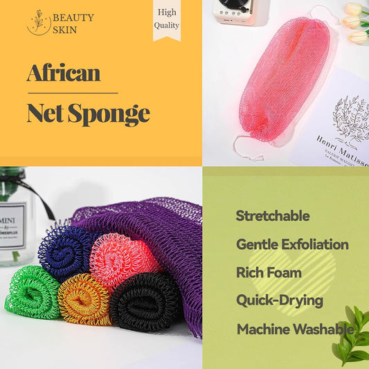 African Net Sponge, 3 Pieces African Exfoliating Net Sponge Authentic Body Back Scrubber Effective Exfoliating Washcloth for Shower Bath All Types Skin Daily (Purple+Pink+Olive Green)