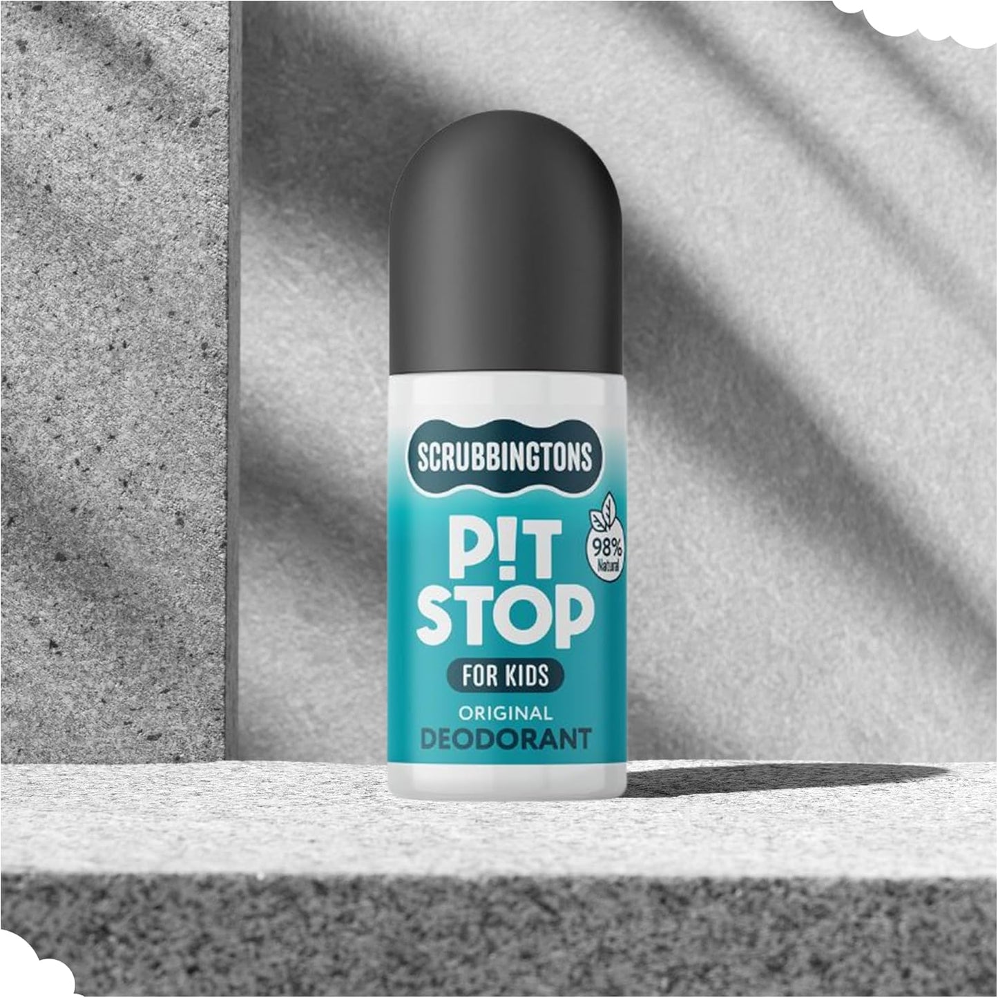 Scrubbingtons Pit Stop Kids Deodorant Natural Roll On For Children, Teens. Made in UK, 98% Natural Ingredients For Sensitive Skin. Paediatrician approved, Aluminium &amp; Alcohol Free, Original, 75ml